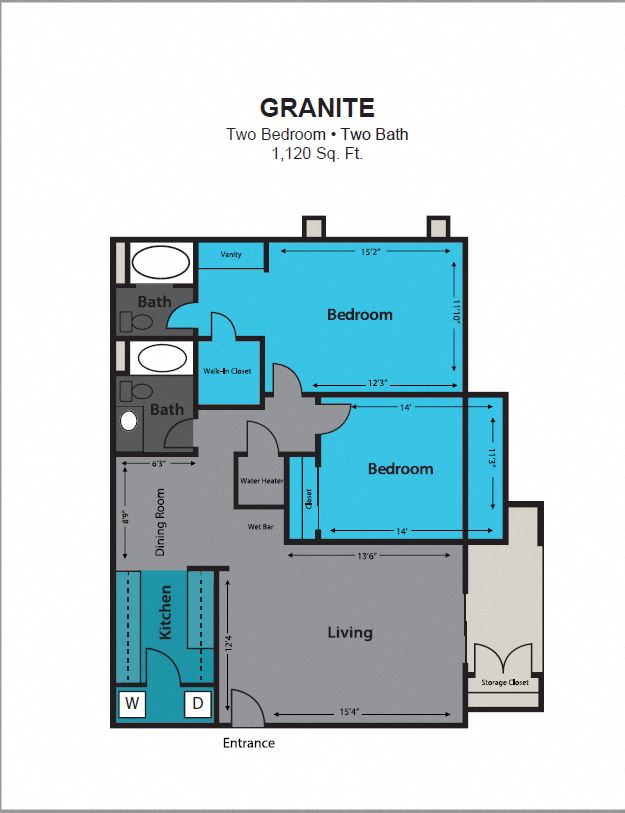 Floor plan for 2 beds, 2 baths, 1121 sqft